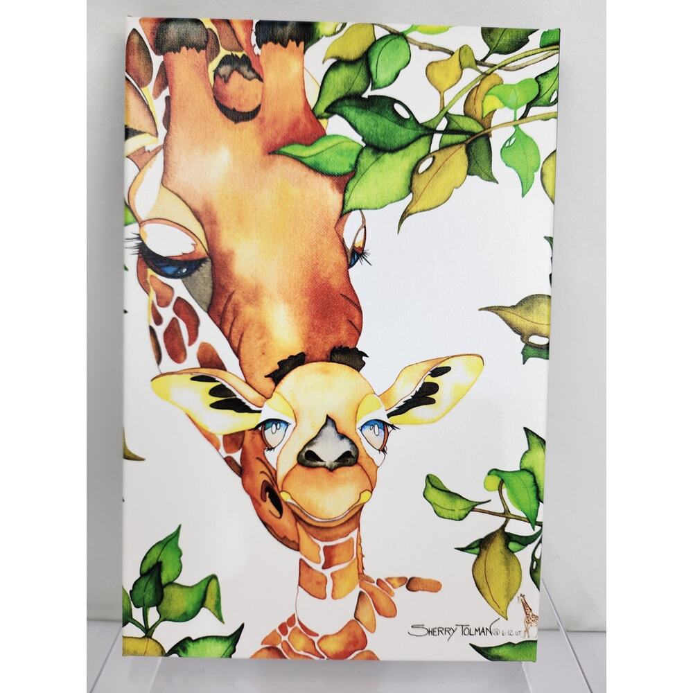 Sherry Tolman Watercolor Stretched Canvas Print Mother & Baby Giraffe 15" x 10"